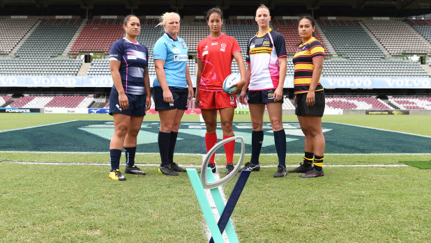 Super W Rugby captains (from left) Jayne Kareroa of the Melbourne Rebels, Emily Robinson of NSW Waratahs, Kirby Sefo of the Queensland Reds, Shellie Milward of the Brumbies and Trileen Pomare of the Western Force.