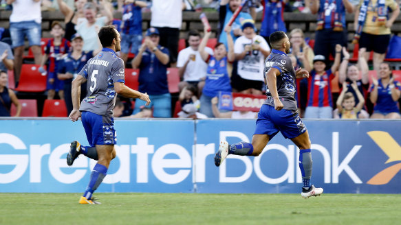 Another contender: Andrew Nabbout celebrates his second-half stunner.