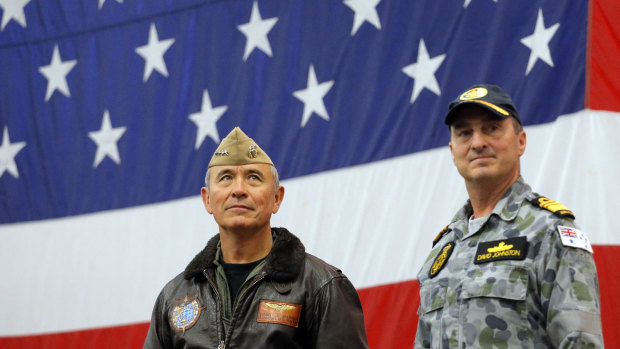 Harry Harris, left, then commander of the US Pacific Command with Australian Navy Vice Admiral David Johnston at the start of military exercise Talisman Saber in 2017.