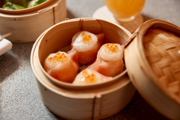 Scallop and prawn dumplings with smoked salmon roe.