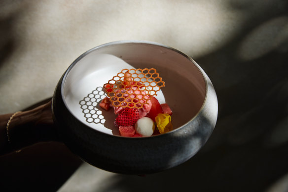 A dessert of strawberry, rhubarb, yoghurt and burnt honey. 