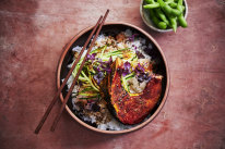 Sticky roasted pumpkin and miso rice bowls.