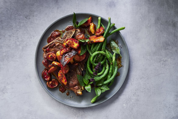 Steaks with warm Asian mushroom salad and snake beans.