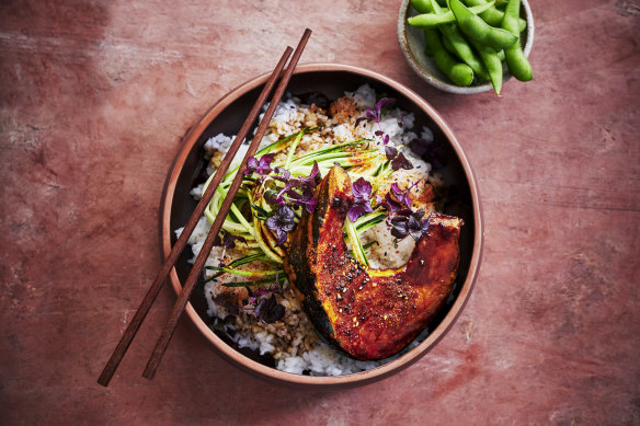 Sticky roasted pumpkin and miso rice bowls.