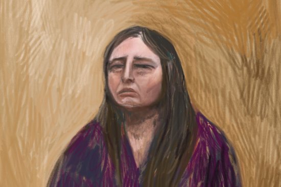 A court sketch of Erin Patterson giving evidence in the witness box.