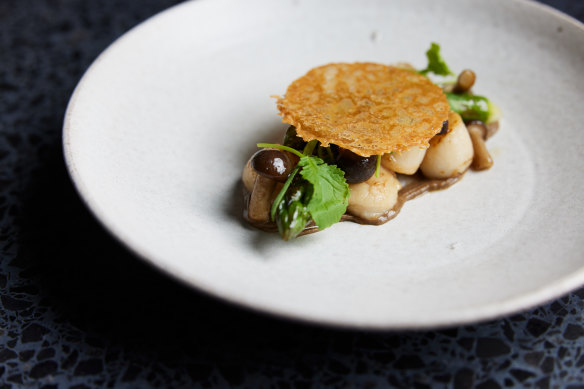 Victorian scallops with asparagus and mushroom topped with a fish or chicken skin cracker.