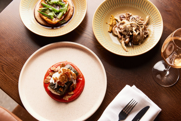 Roasted celeriac with umami glaze and pepper beach herbs and crispy saltbush; Otway shiitake with pumpkin seed miso, and kelp-wrapped fish with fermented red capsicum on the menu at Colt.