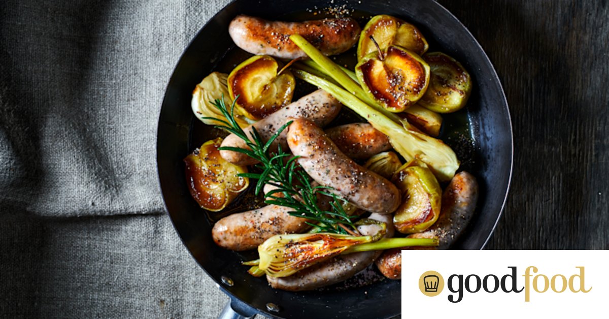 Cider-braised sausages with apple, fennel and rosemary