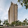Architectural renderings of a 25-storey tower proposed along King Arthur Terrace and Bedivere Street, in the Yeerongpilly Green precinct.