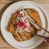 Chicken katsu with Japanese curry sauce and slaw is paired with pale ale.