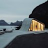 The wave-shaped concrete and glass of the Ureddplassen rest area on the Helgelandskysten Norwegian Scenic Route, Nordland Norway.