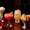 From left: Ice Magic Old Fashioned, Midori Splice, Rhubarb Marg and Marigold Rush with a bowl of complimentary crisps.