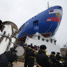 Naval band plays during a launching ceremony of nuclear-powered icebreaker Yakutia in St Petersburg.