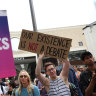 Trans rights activists protest against gender critical philosopher Kathleeen Stock outside the Oxford Student Union.