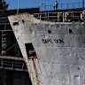 Damage to the hull of the MV Cape Don , currently berthed at the former coal loading wharf in Balls Head Bay, Waverton, New South Wales, Wednesday, 28 May 2025. The expected sinking of the ship any minute could cause untold environmental damage and taxpayer expense.   Picture - Sam Mooy / The Sydney Morning Herald