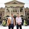 City of Port Phillip Mayor Alex Makin and City of Yarra Mayor Stephen Jolly pose outside Melbourne Town Hall.