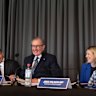 Blunt message: Incoming state party president Brian Loughnane (centre), seated next to federal leader Angus Taylor and state leader Jess Wilson and her son Patrick.