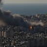 Flames and smoke rise following Israeli airstrikes on Dahiyeh, a southern suburb of Beirut, Lebanon, on Monday.