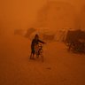 A boy pushes a bicycle carrying jerrycans of water through a sandstorm in Khan Younis, southern Gaza Strip.