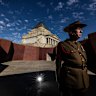 Tradition: David Arden, pictured at the Shrine of Remembrance, ahead of his 50th Anzac Day march as a volunteer marshal.