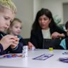 Maramba Primary School principal Moniba Ehsan and grade 1 students Quinn, Cara and Mason, who have done new statewide numeracy checks.