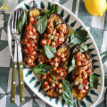 Roasted eggplants stuffed with chickpeas.