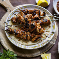 Serving suggestion: Chicken shish with flatbread, hot chips, yoghurt and mint.