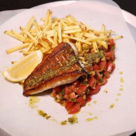 Coral trout with tomato and olive salsa. 
