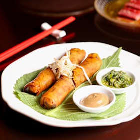 Smoked pork spring rolls.