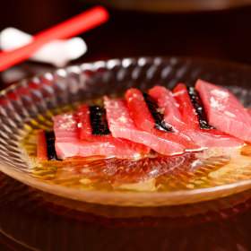 Tuna crudo with watermelon.