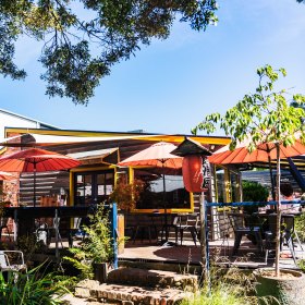 The bright outdoor dining space.