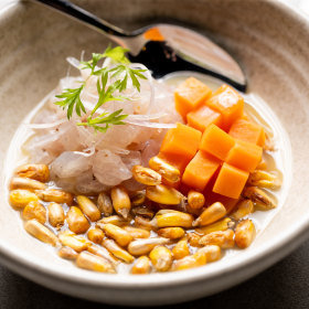 Snapper ceviche with leche de tigre.