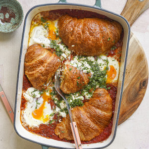 Shakshuka meets savoury bread-and-butter pudding in this share-friendly brunch dish.