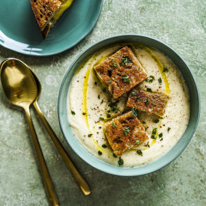 Cauliflower, thyme and potato soup with cheesy mustard croutons.