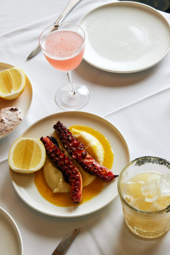 Charred octopus on fava bean puree.