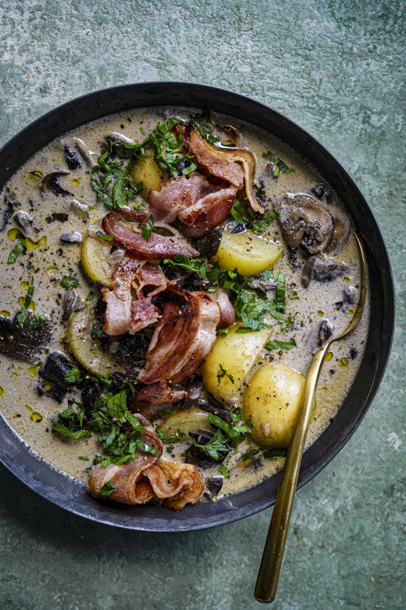 Rustic mushroom, potato and bacon soup.