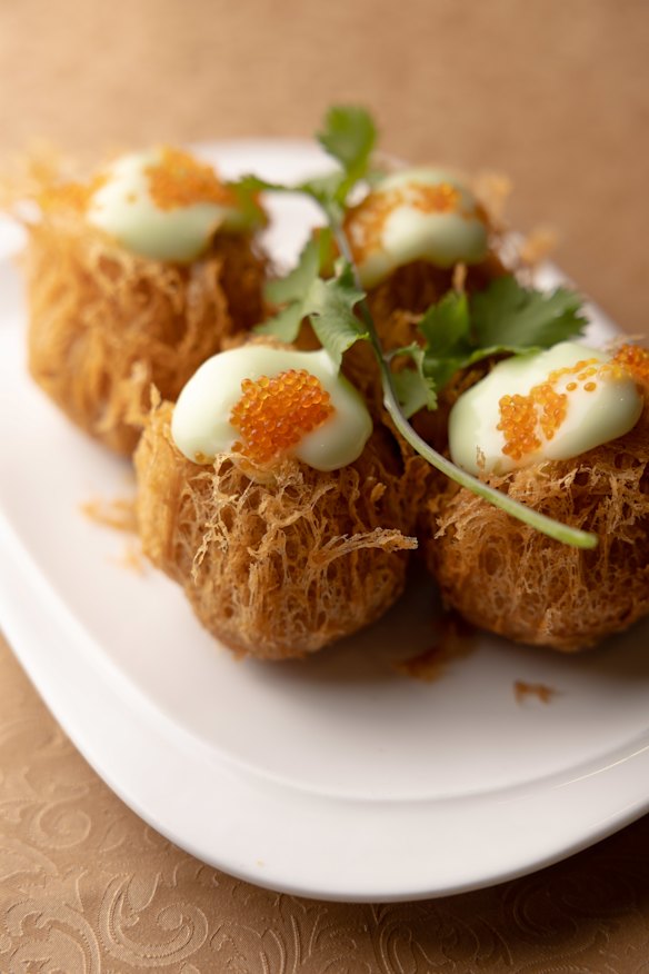 Australian scallops wrapped in taro floss. 