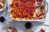 Adam Liaw’s clean-the-fridge pasta bake. Styling by Hannah Meppem.