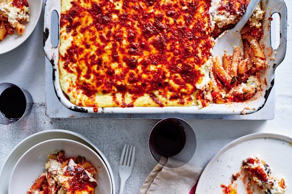 Adam Liaw’s clean-the-fridge pasta bake. Styling by Hannah Meppem.