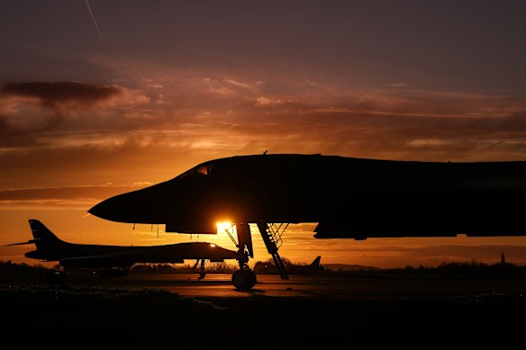 US Airforce Rockwell B-1 Lancer bombers stand on the apron at sunrise at RAF Fairford on March 10, 2026 in Fairford, England. Prime Minister Keir Starmer is allowing the US to use British bases, including RAF Fairford and Diego Garcia, to launch “defensive” strikes against Iranian missile sites while stating the UK would not join “offensive” combat. 
