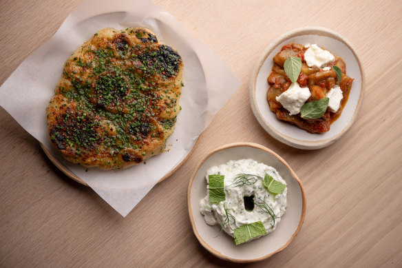 Sourdough flatbread; eggplant tomato and feta; buffalo curd, cucumber and dill. 