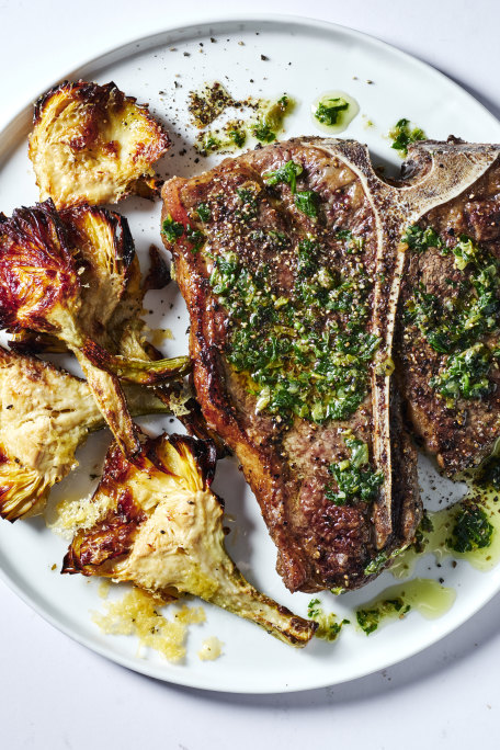 T-bone steak recipe with artichoke chips and salse verde