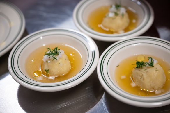 Chicken soup with semolina dumplings.
