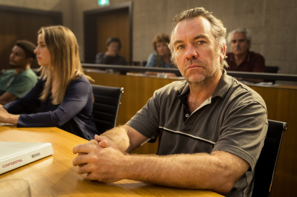 Brendan Cowell plays jury member Garry, a dog-track loving gambling addict, in The Twelve.