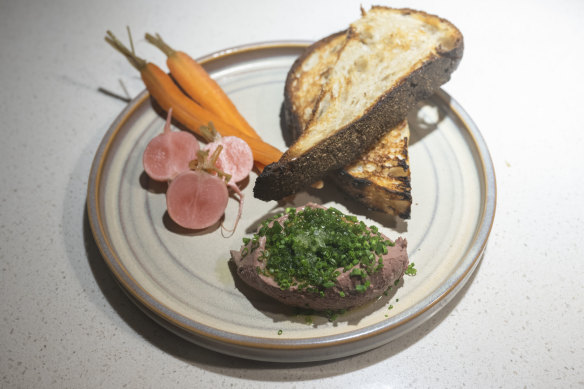 Chicken liver parfait with sourdough and pickled vegetables.