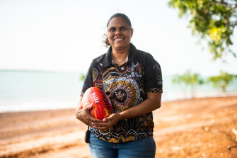 Pirlangimpi Melville Island artist Jennifer Louise Coombes has designed the latest Sherrin football that will feature during Sir Doug Nicholls rounds in 2022 and 2023. 
