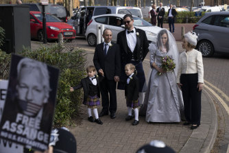 Stella Moris arrives with her sons Gabriel and Max, in kilts, and her mother to marry her partner, WikiLeaks founder Julian Assange.