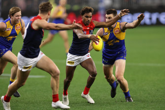 Kysaiah Pickett in action against West Coast on Monday night in Perth.