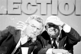 Bob Hawke and former Victorian Premier Sir Henry Bolte during the Victorian State election in 1982.
