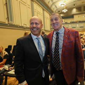Smiles for the camera: Josh Frydenberg is joined by Jeff Kennett.